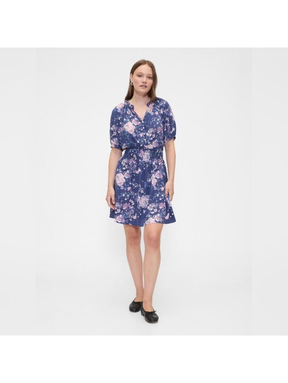 NWOT Gap Relaxed Smocked Splitneck Mini Dress blue pink Floral LP petite - Picture 1 of 4